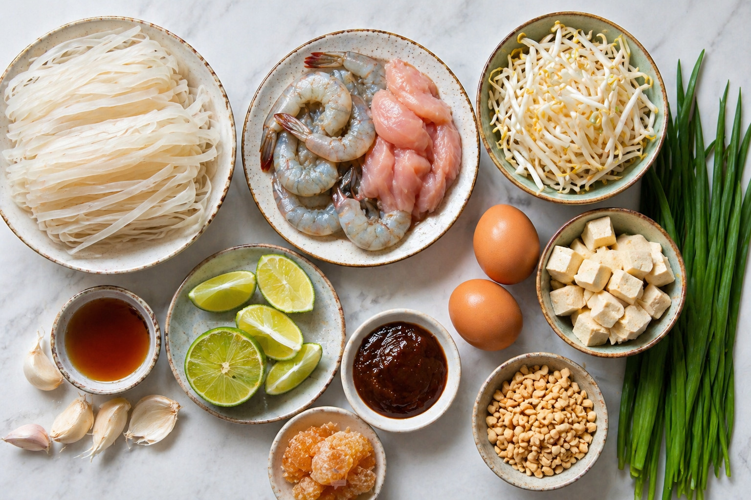 ingredience na pad thai recept ryzove nudle krevety tofu vejce a tamarind priprava thajske kuchyne